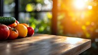 Fresh vegetables and fruits on rustic wooden cutting board against blurred garden background with warm sunlight and natural bokeh effect.