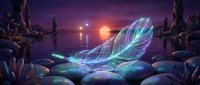 Glowing translucent feather on rocky shore at sunset with purple sky and ocean reflections. Fantasy art for spiritual and mystical designs.
