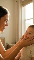 Young Caucasian mother tenderly holding baby face in hands with warm sunlight streaming through window creating intimate bonding moment at home.