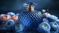Elegant blue glass perfume bottle with quilted pattern surrounded by delicate ranunculus flowers in soft blue and peach tones against dark background.
