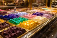 Colorful array of gourmet Turkish delight candies displayed in golden trays at luxury confectionery shop, featuring vibrant assortment of traditional sweet treats.