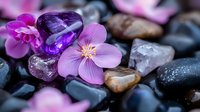 Purple amethyst crystals and pink flowers arranged on smooth river stones creating peaceful spa meditation scene for wellness and relaxation therapy.