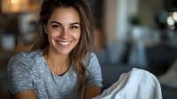 Young Hispanic woman with bright smile wearing casual grey t-shirt relaxing at home. Natural morning light creates warm atmosphere. Lifestyle portrait for wellness and joy.