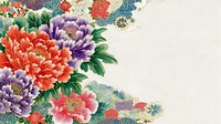 Vibrant Asian floral art with coral, purple, and pink peonies on textured background, featuring traditional oriental decorative elements.