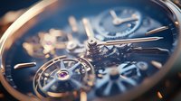 Detailed macro view of luxury watch mechanism showing intricate gears, springs and mechanical components in blue and gold tones, highlighting precision engineering.