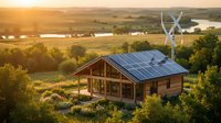 Sustainable wooden eco house with solar panels and wind turbine in rural landscape at golden sunset, showcasing renewable energy and green living technology.