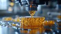 Macro shot of industrial 3D printer creating yellow translucent object with liquid resin technology, showing precise layering process in manufacturing environment.