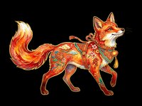 Ornate Chinese lucky fox with traditional patterns, gold accents, and festive decorations, isolated on transparent background. Great for stickers, t-shirt design, print on demand.