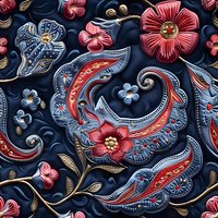 Ornate floral paisley pattern in navy blue and coral red with metallic gold accents featuring dimensional carved effect and intricate swirling motifs. Seamless repeat design.
