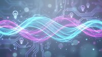 Digital energy waves with glowing light bulbs and circuit patterns on futuristic technology background for innovation concepts.