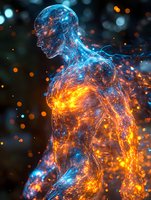 Glowing translucent male figure with orange and blue energy effects against dark background, sparks and particles creating dramatic sci-fi atmosphere.