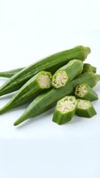 Fresh green okra pods whole and sliced showing seeds isolated on white background for healthy cooking and nutrition concepts.
