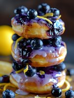 Stacked glazed donuts with fresh blueberries and lemon zest, dripping with purple berry icing, macro food photography on dark background. Sweet pastry dessert.