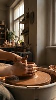 Potter hands shaping clay on spinning wheel in sunlit ceramic studio workshop with plants and tools creating handmade pottery art.