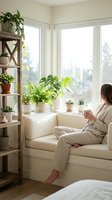 Woman in beige loungewear relaxing on window seat with potted plants, holding coffee cup, bright natural light, cozy home interior design.