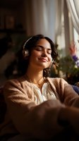 Young Hispanic woman with closed eyes wearing headphones and beige cardigan relaxing at home near window with natural light and flowers in background.