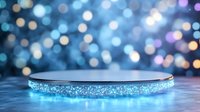 Glowing blue round product display platform with sparkles and bokeh background creates magical atmosphere for luxury merchandise presentation.