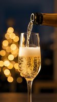 Champagne pouring into a flute glass with golden bokeh lights in the background, suitable for celebration, holiday, and festive event designs.