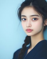 Young Asian woman with natural makeup and soft lighting portrait on blue background for beauty and skincare campaigns.