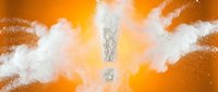 Dramatic exclamation mark symbol emerging from fluffy white clouds against vibrant orange sky background for attention-grabbing designs and announcements.