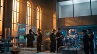 Team of scientists and engineers analyzing holographic data displays in a futuristic high-tech laboratory with glowing screens.
