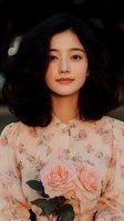 Young East Asian woman with shoulder-length black wavy hair wearing peach floral dress, holding pink roses, soft natural lighting, portrait photography for beauty and lifestyle content.