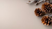 Brown pine cones and frosted branches on beige background with copy space, minimalist winter holiday composition for greeting cards and social media posts.