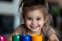 Cheerful young Asian girl with bright smile playing with colorful cups at home, showing genuine joy and happiness during creative playtime activities.