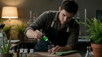 Male bartender with dark hair and facial hair, appearing to be in his thirties of Mediterranean or Middle Eastern descent, pouring a green cocktail at a bar counter surrounded by potted plants and ambient lighting for hospitality and mixology concepts.