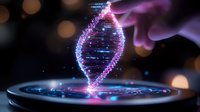 Glowing DNA helix hologram with pink and blue light particles floating above digital interface, finger touching futuristic display in dark environment.