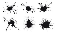 Black ink splatter collection on white isolated background. Grunge paint splash set with drops and blots for artistic design elements.