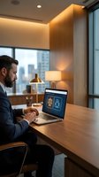 Professional businessman working on laptop with legal consultation software in modern office with city view and warm ambient lighting.