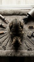 Tabby cat lying on a grooming mat surrounded by professional pet grooming tools, scissors, clippers, comb, and brush, top view.