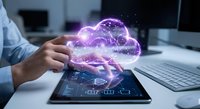 Businessman hands holding glowing purple cloud computing hologram above digital tablet in modern office workspace for technology solutions.