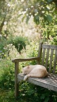 Orange tabby cat sleeping peacefully on wooden garden bench surrounded by lush green foliage and wildflowers in serene outdoor setting.