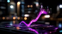 Glowing purple financial chart line rises above digital display with city skyline silhouette and bokeh lights in background, representing market growth and success.