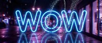 Bright blue neon WOW sign glowing on wet city street at night with reflections and sparkles creating modern urban atmosphere for advertising and marketing.