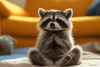 Curious raccoon sitting on carpet with paws together in front of orange couch, indoor home setting with warm lighting and comfortable furniture background.