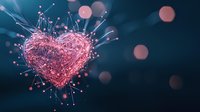 Glowing pink heart shape formed by connected dots and lines floating in dark space with bokeh effect, symbolizing digital love and network connections.