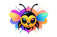 Cute cartoon bee character with rainbow-colored wings and big eyes against white background, suitable for children's designs and mascot applications.