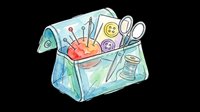 Sewing kit with needles, thread spools, scissors, and buttons in transparent pouch. Isolated on transparent background, ready for t-shirt design, clipart, stickers, print-on-demand, and sublimation projects.