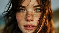 Young redhead woman with freckles and green eyes in golden sunlight. Natural beauty portrait with warm lighting for lifestyle and wellness content.