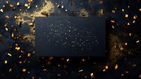 Dark rectangular frame with scattered golden glitter and flying metallic confetti pieces against black background creates luxurious festive atmosphere for celebration designs.
