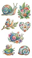 Whimsical snail illustrations with ornamental shells, mushrooms, flowers, and foliage elements. Isolated clipart set on transparent background, ready for design projects, textiles, and crafts.