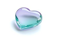 Gradient colored glass heart in purple and turquoise tones on white background, isolated decorative element with soft shadow and glossy surface reflection.