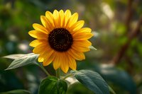 Vibrant yellow sunflower with dark brown center blooming in garden setting with soft blurred green background. Perfect for nature themes and summer designs.