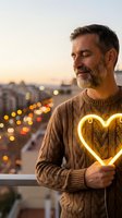 Mature Caucasian man holding glowing heart-shaped neon light on city balcony at sunset, warm evening atmosphere with urban bokeh lights background.