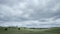 Scenic rolling green hills landscape with scattered trees and dramatic cloudy sky, suitable for nature backgrounds, environmental projects, and countryside themes.