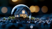 Miniature glowing house inside glass sphere with bokeh lights background, magical winter scene with illuminated windows and snow-covered ground.