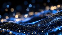Glowing blue wave of sparkling particles with blurred bokeh lights creating magical abstract background effect for luxury and festive designs.